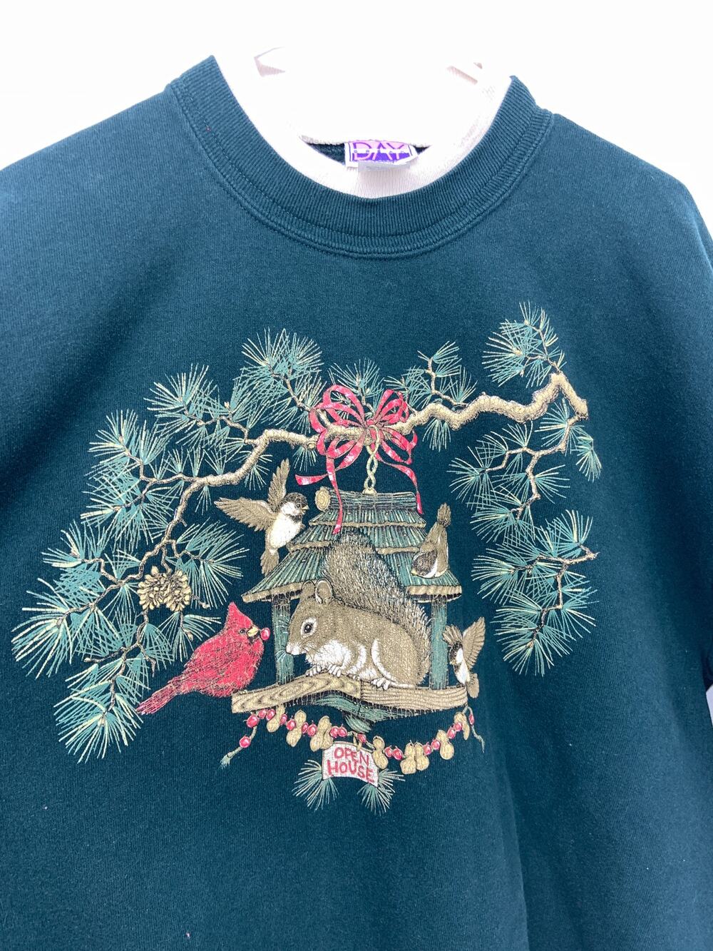 Vintage Holiday Birds Squirrel Green Crewneck Sweatshirt Open House Size 1X